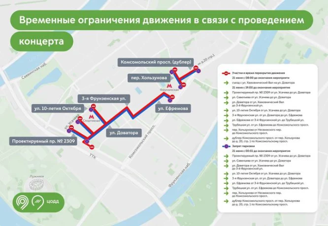 Москвичам напомнили о перекрытии движения в районе «Лужников» 21 июня