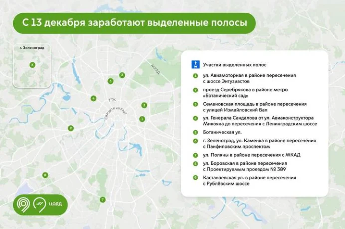 ЦОДД: С 13 декабря заработают новые выделенные полосы в Москве