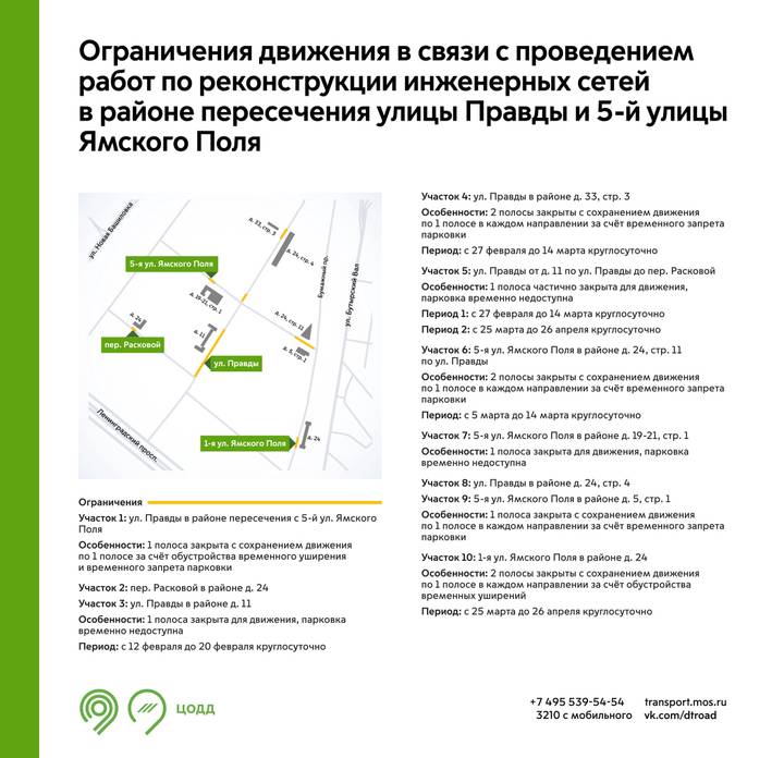 Движение в районе пересечения улиц Правды и 5-й Ямского Поля ограничили до весны