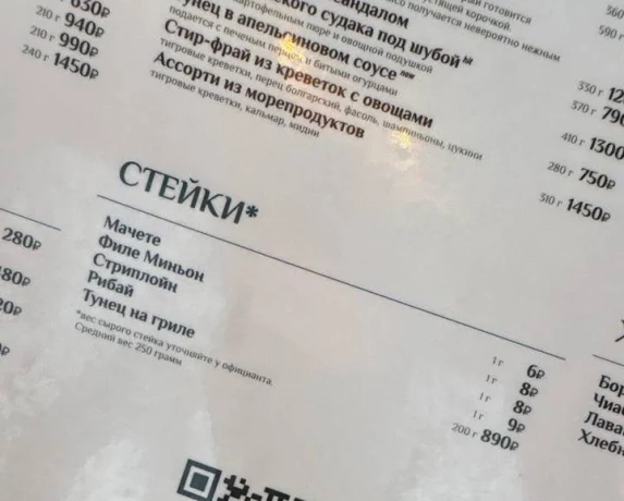 В московских ресторанах появились ценники за один грамм стейка