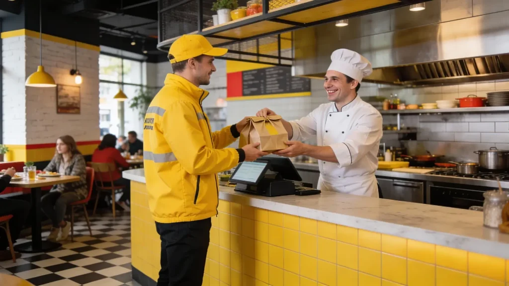 Автокурьер достает упакованные пакеты с едой из багажника легкового автомобиля.