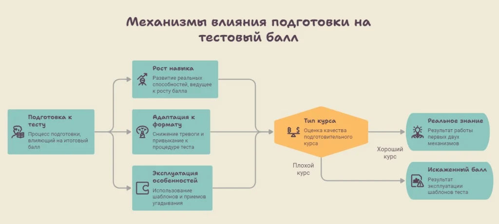 Механизмы влияния подготовки на курсах на тестовые баллы в инфографике