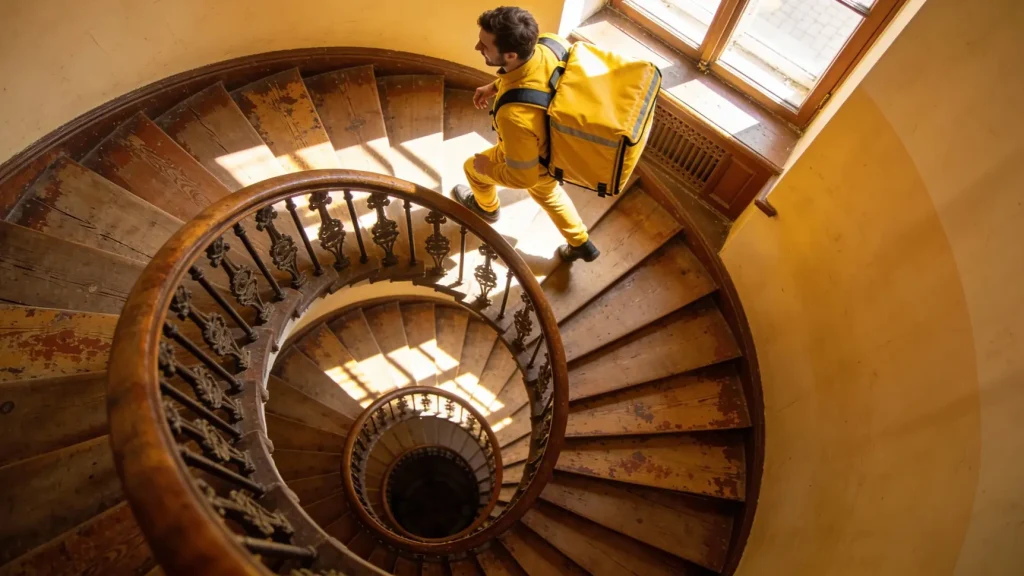 Курьер службы доставки передает заказ клиенту у входа в жилой дом.