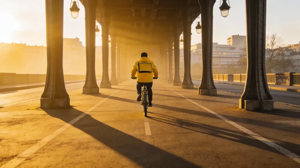 Курьер в яркой экипировке стоит перед дверью квартиры в ожидании клиента.